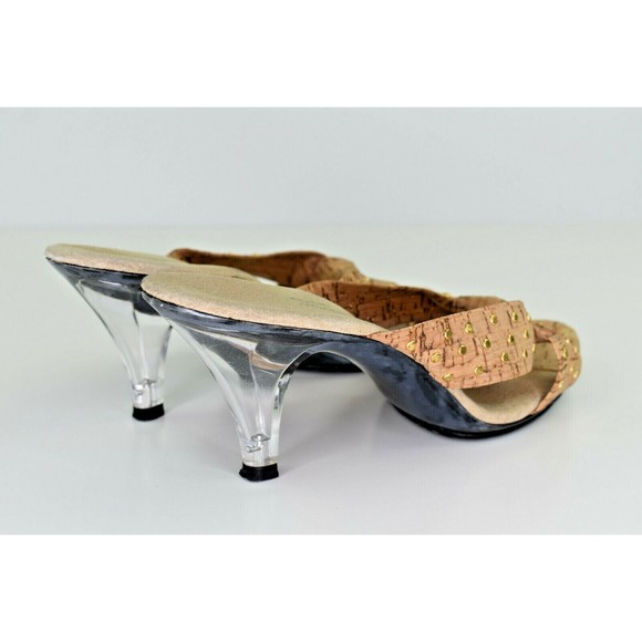 Norman Kaplan Las Vegas Woman's Heels Leather Cork Gold Studded Lucite Size 6 - Picture 4 of 9